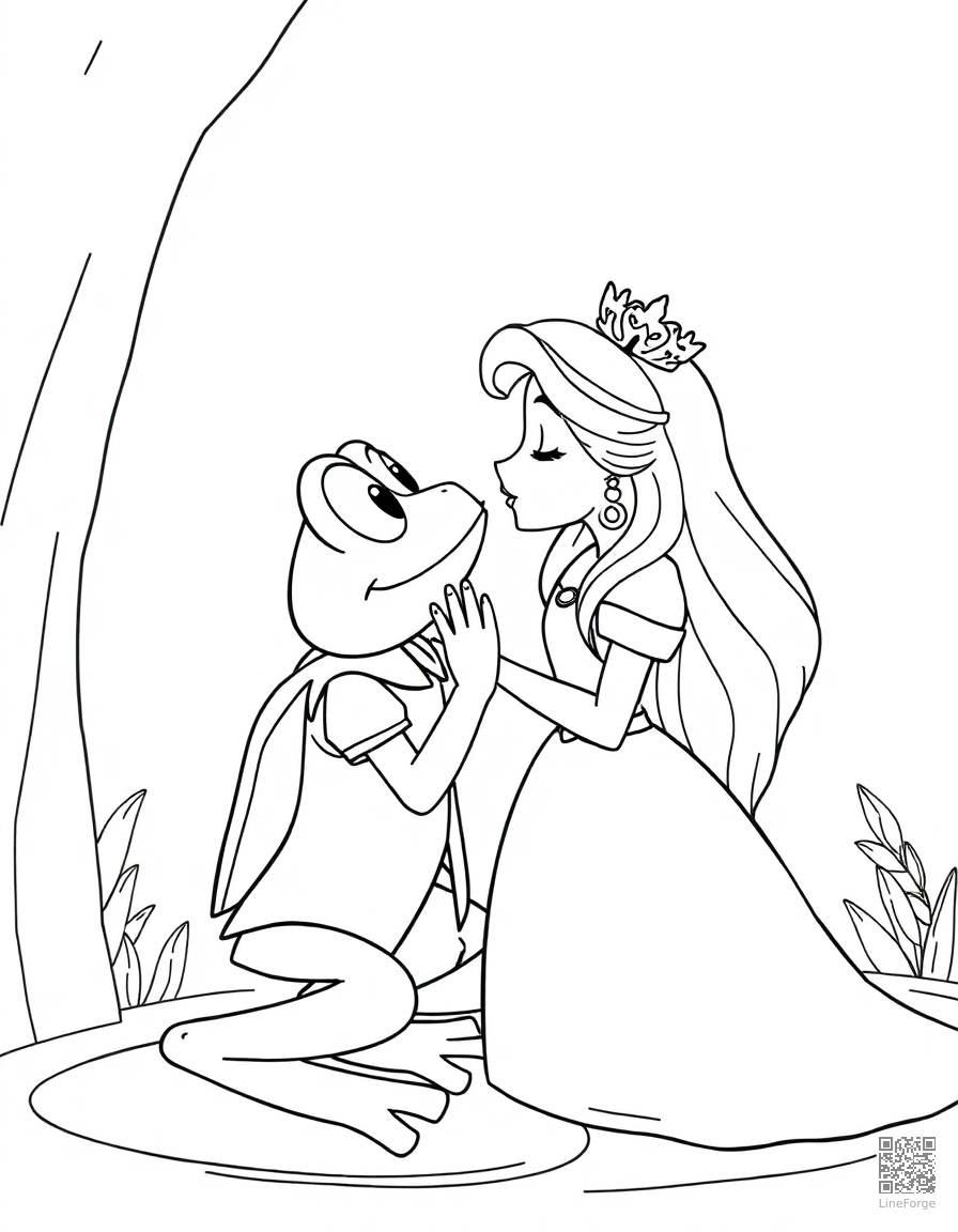 the frog prince being kissed by a princess coloring page Contour style - free printable