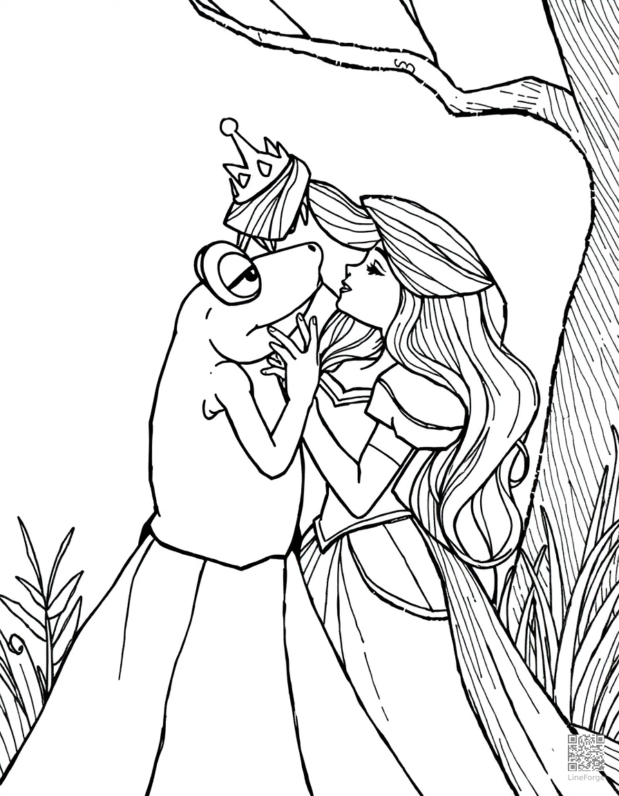 the frog prince being kissed by a princess coloring page Crosshatch style - free printable