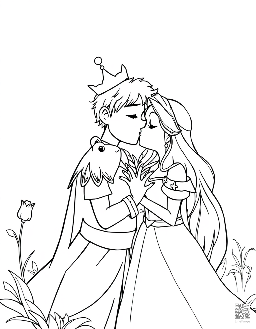the frog prince being kissed by a princess coloring page Manga style - free printable