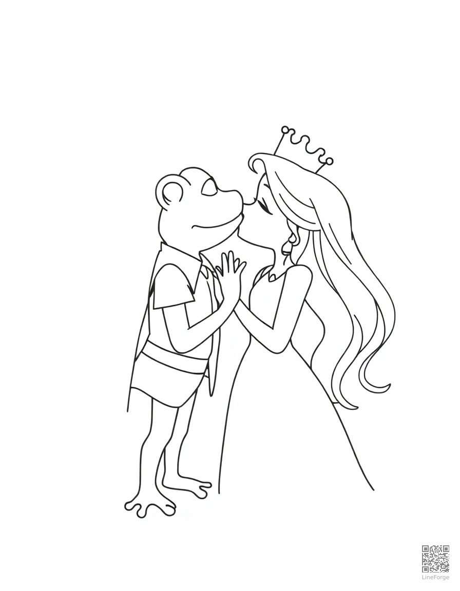 the frog prince being kissed by a princess coloring page Minimal style - free printable