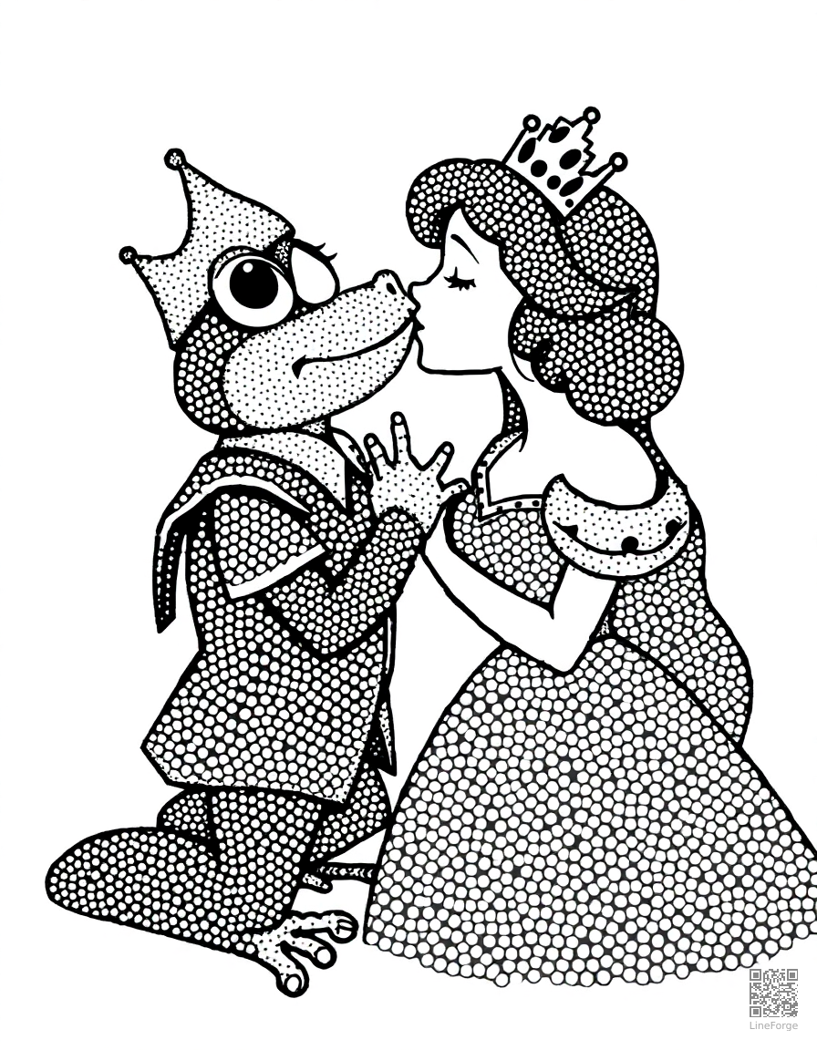 the frog prince being kissed by a princess coloring page Stipple style - free printable