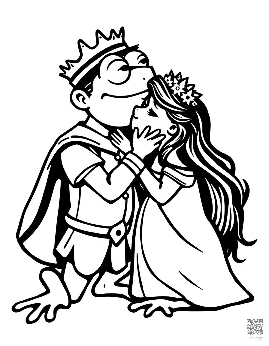 the frog prince being kissed by a princess coloring page Woodcut style - free printable