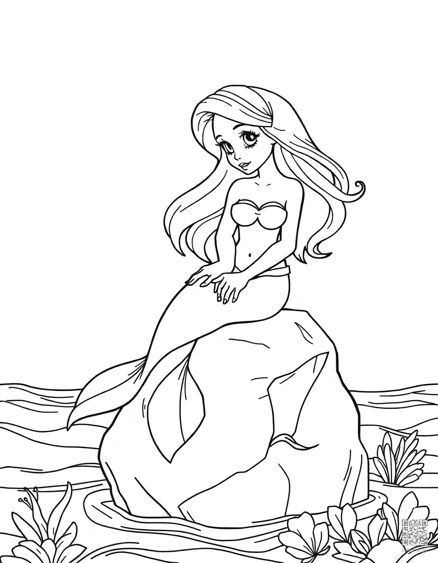 Free the little mermaid on a rock by the sea coloring page in contour style — printable line art