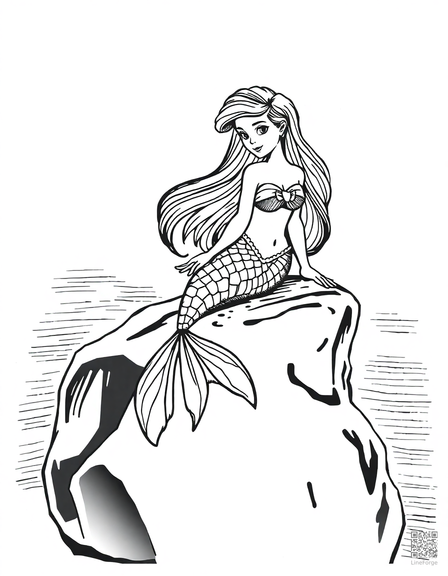 Free the little mermaid on a rock by the sea coloring page in crosshatch style — printable line art