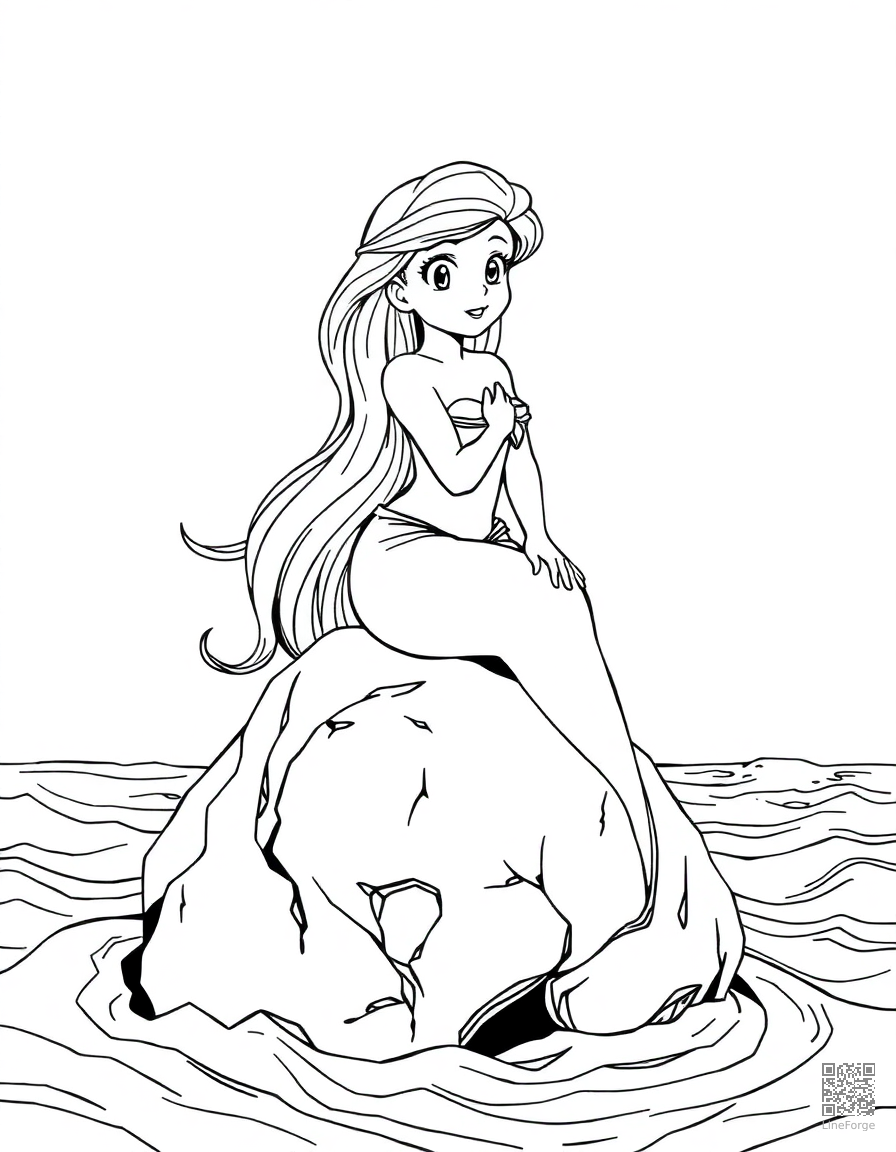 Free the little mermaid on a rock by the sea coloring page in manga style — printable line art