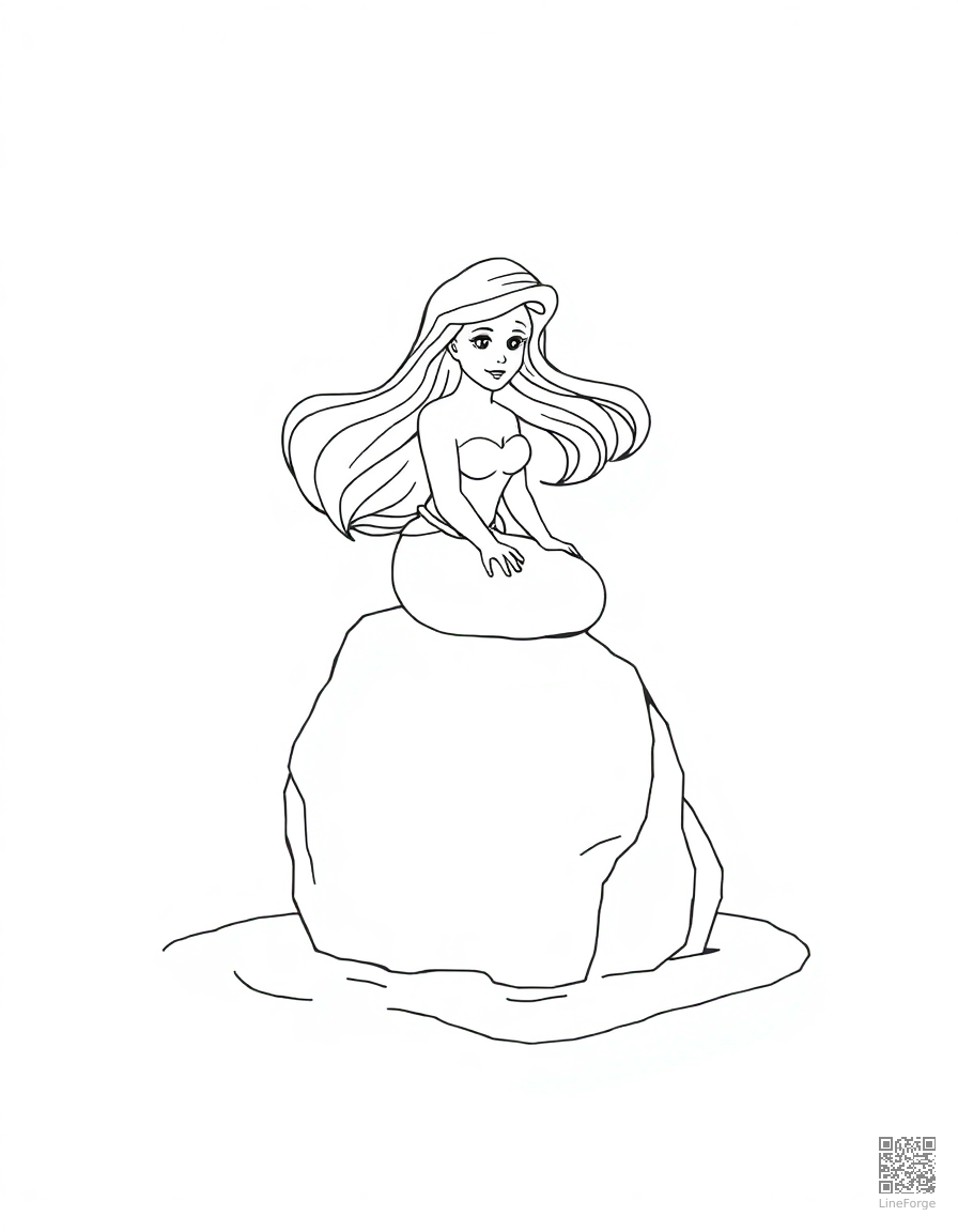Free the little mermaid on a rock by the sea coloring page in minimal style — printable line art