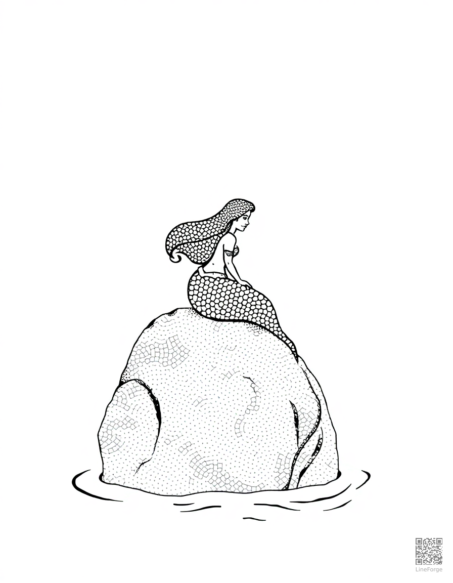 Free the little mermaid on a rock by the sea coloring page in stipple style — printable line art