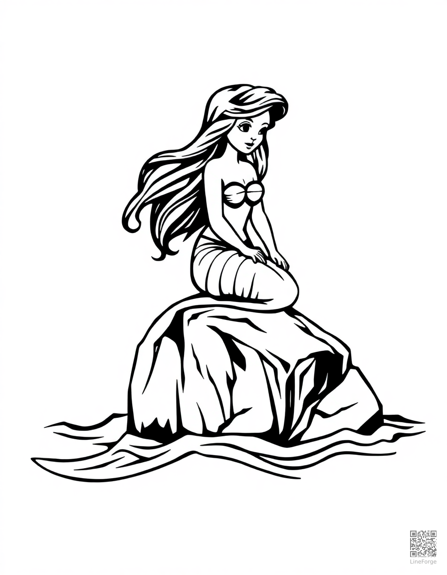 Free the little mermaid on a rock by the sea coloring page in woodcut style — printable line art