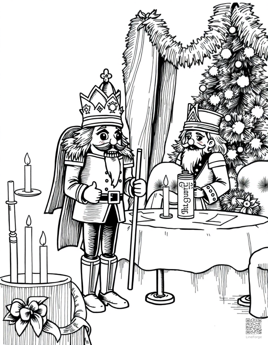 the nutcracker prince at a christmas party coloring page Crosshatch style - free printable