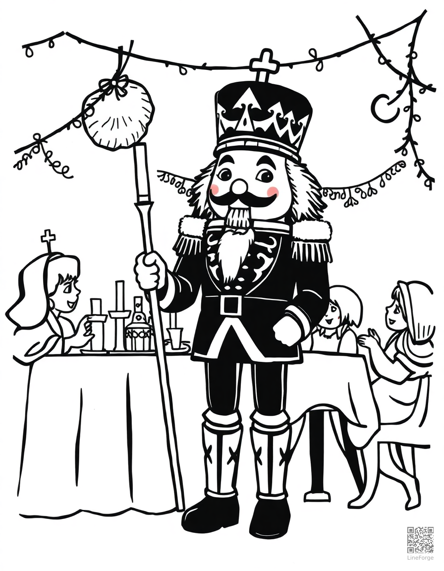 the nutcracker prince at a christmas party coloring page Woodcut style - free printable