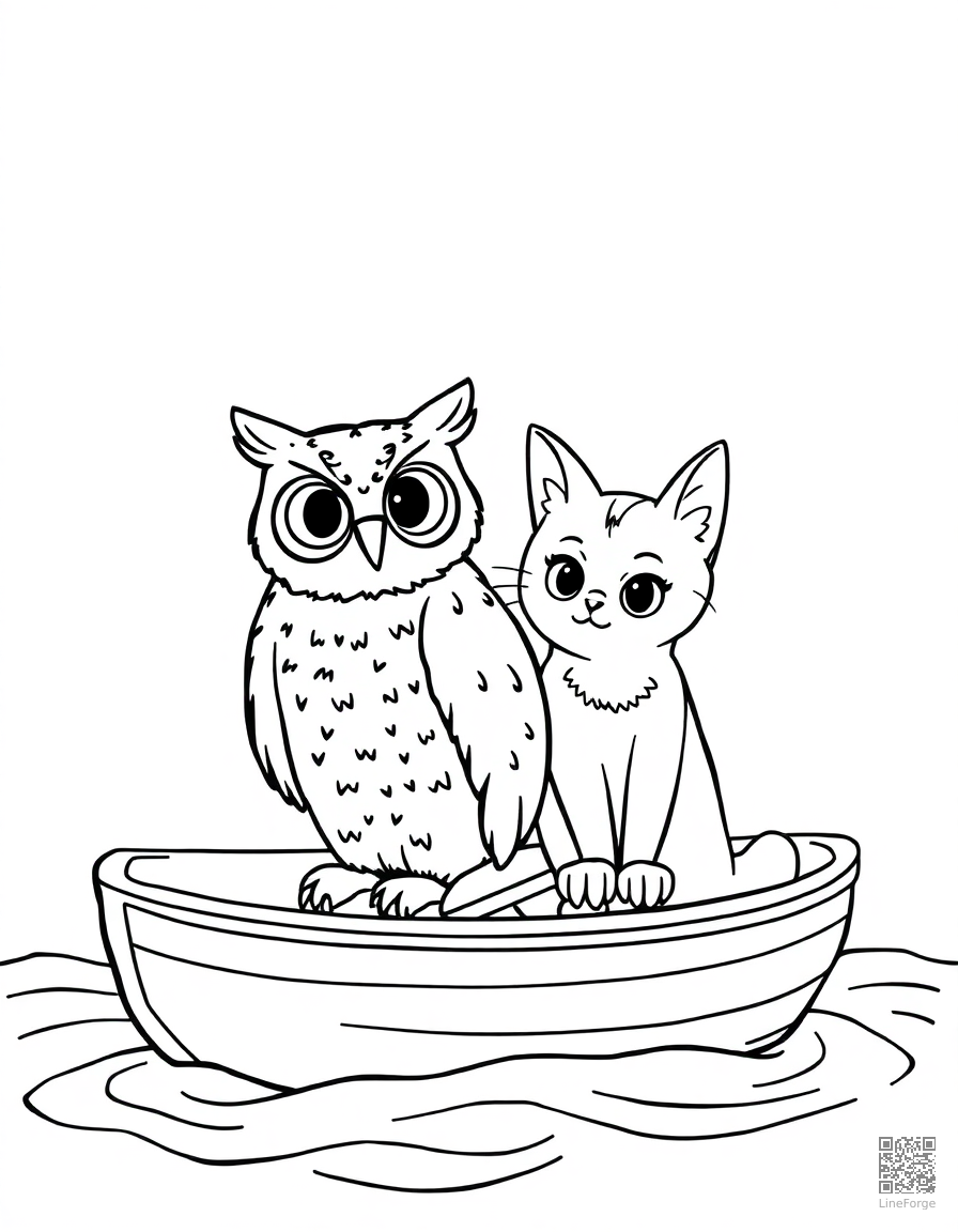the owl and the pussycat in a boat coloring page Contour style - free printable