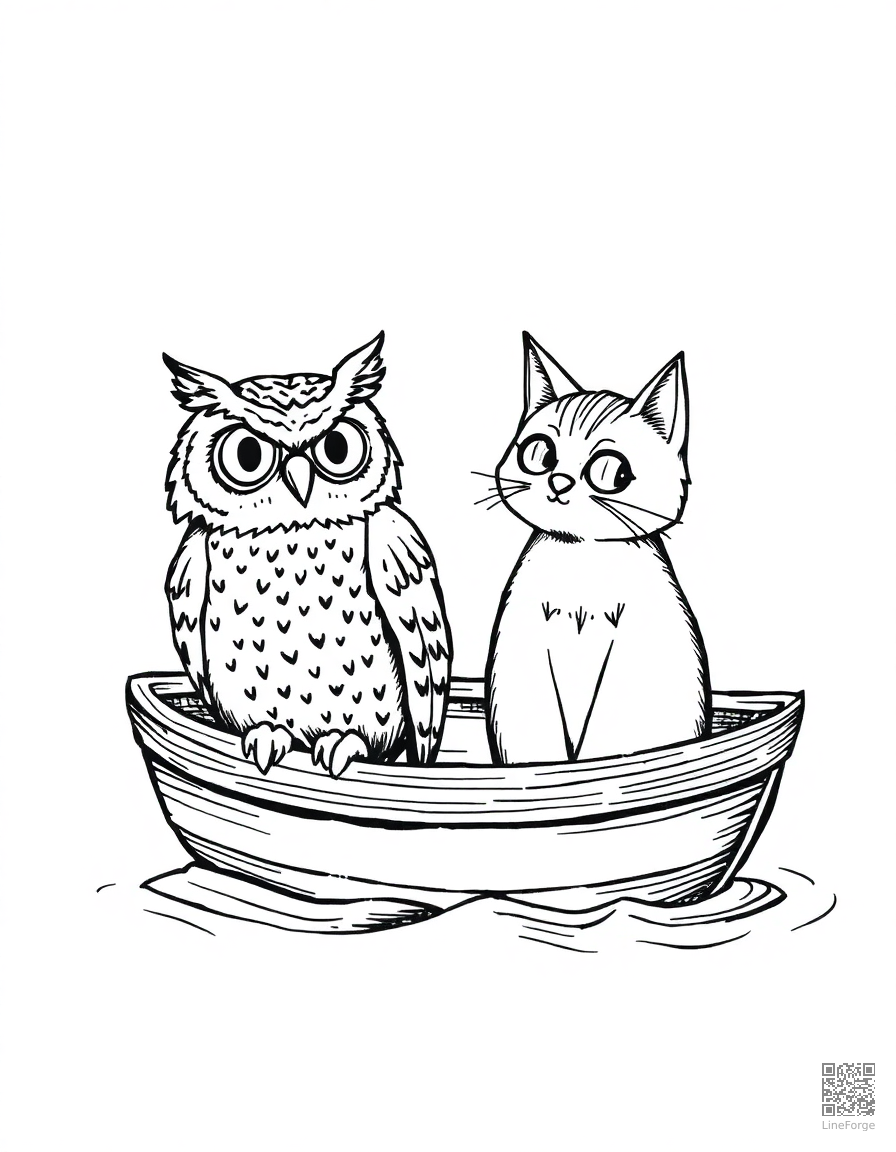the owl and the pussycat in a boat coloring page Crosshatch style - free printable