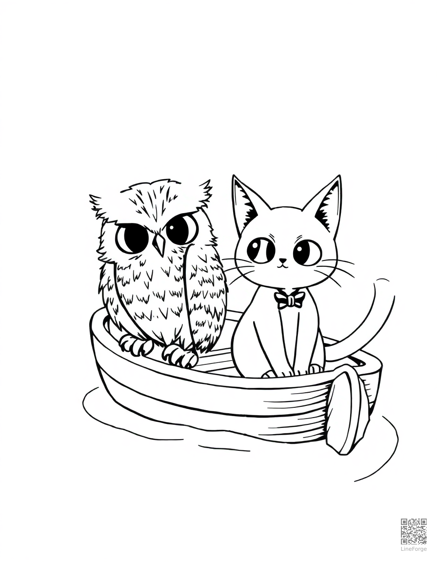 the owl and the pussycat in a boat coloring page Manga style - free printable