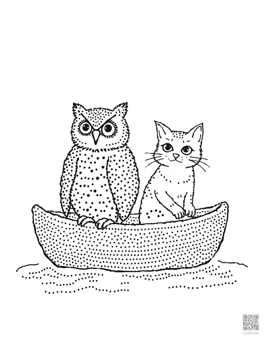 the owl and the pussycat in a boat coloring page Stipple style - free printable