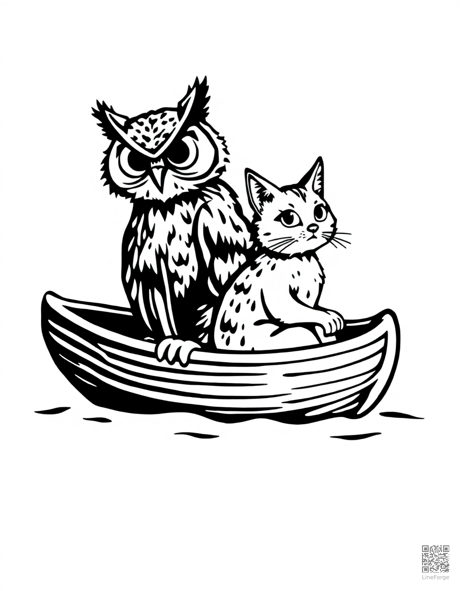 the owl and the pussycat in a boat coloring page Woodcut style - free printable
