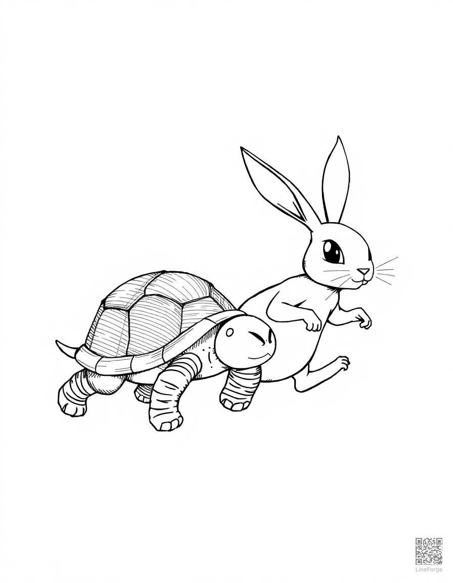 Free the tortoise and the hare racing coloring page in crosshatch style — printable line art