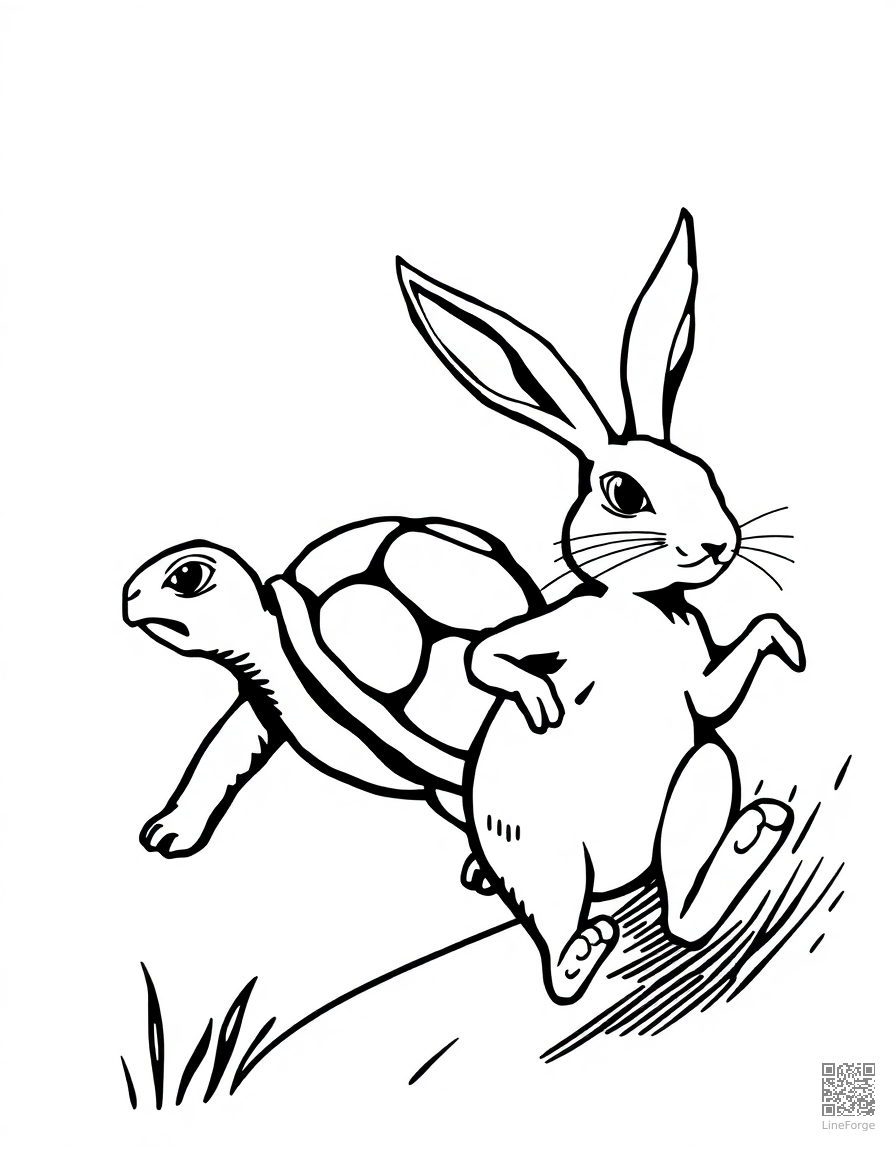 Free the tortoise and the hare racing coloring page in woodcut style — printable line art
