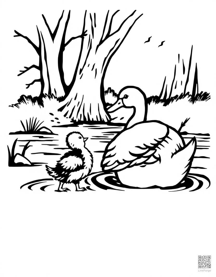 the ugly duckling becoming a swan coloring page Woodcut style - free printable