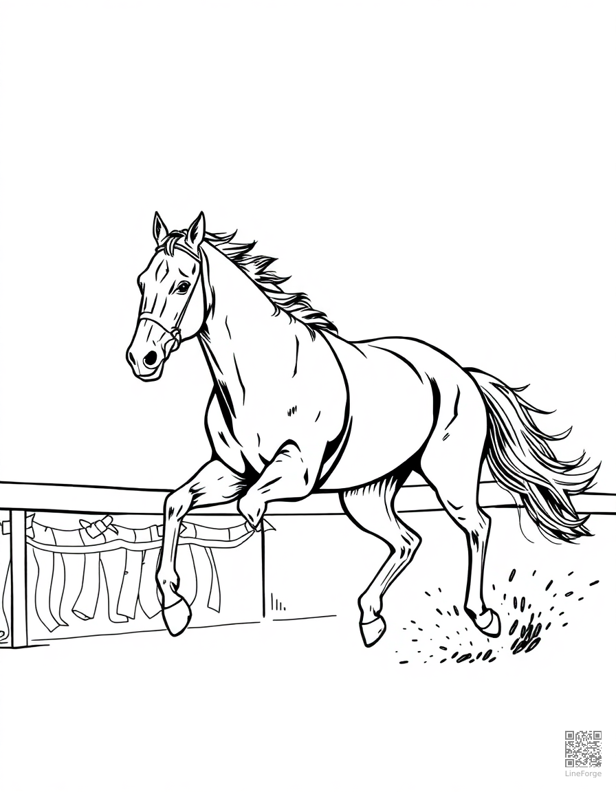 thoroughbred racehorse crossing the finish line coloring page Crosshatch style - free printable