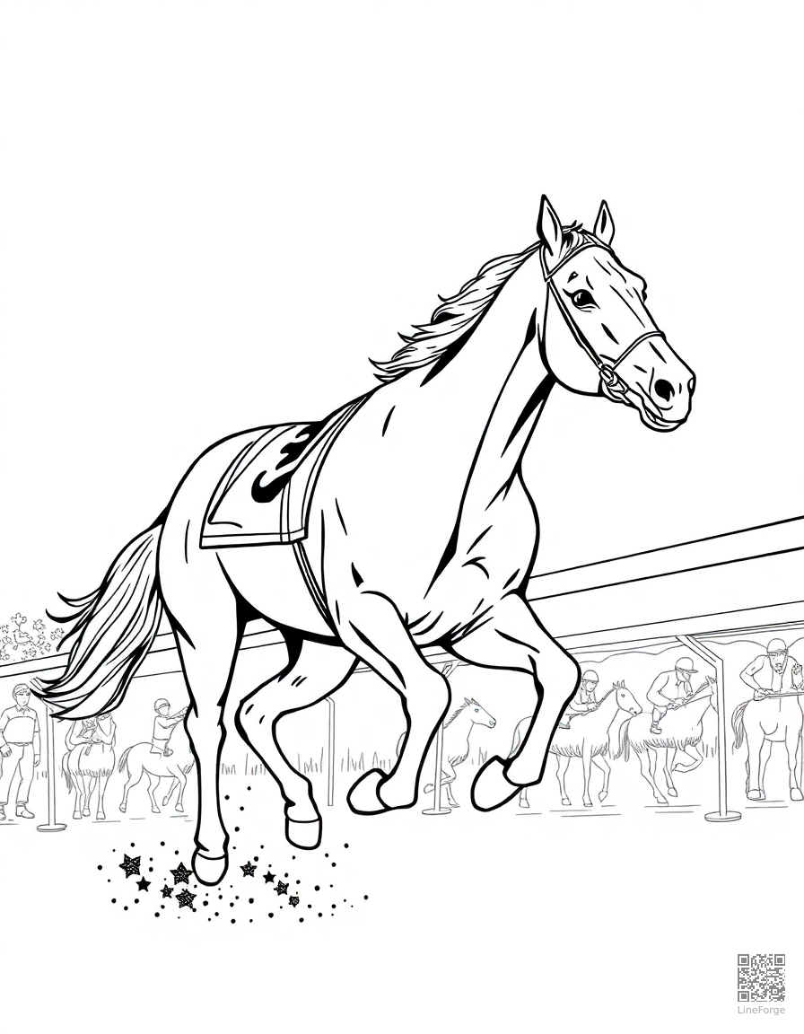 thoroughbred racehorse crossing the finish line coloring page Manga style - free printable