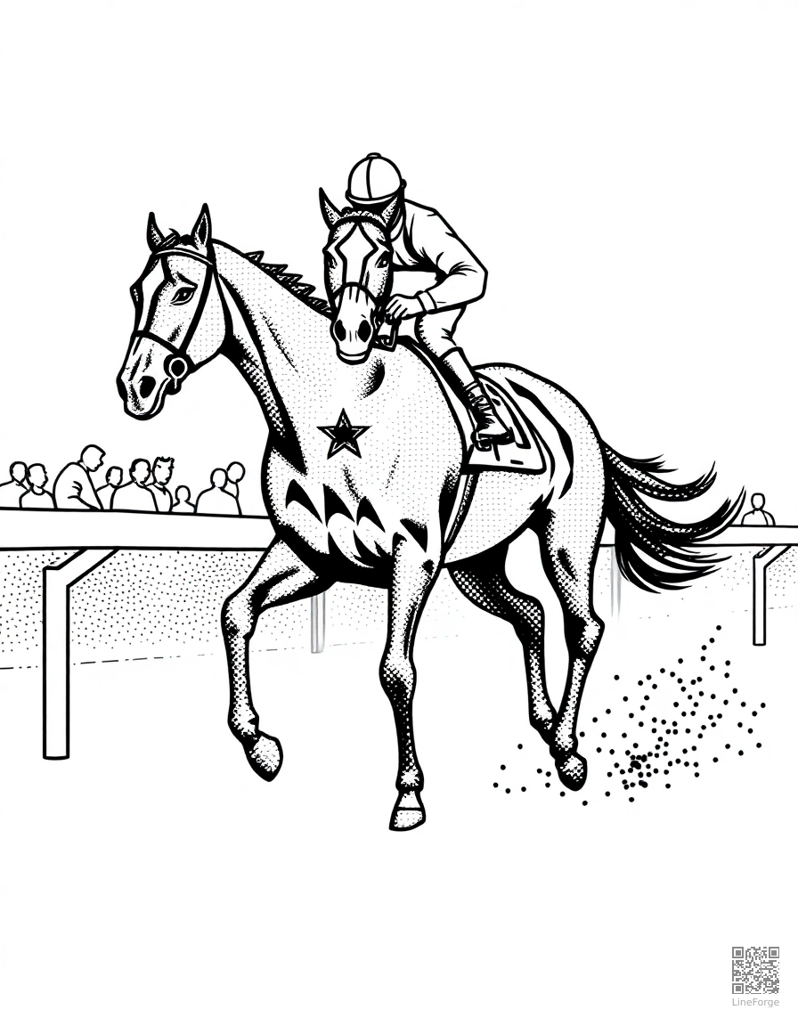 thoroughbred racehorse crossing the finish line coloring page Stipple style - free printable