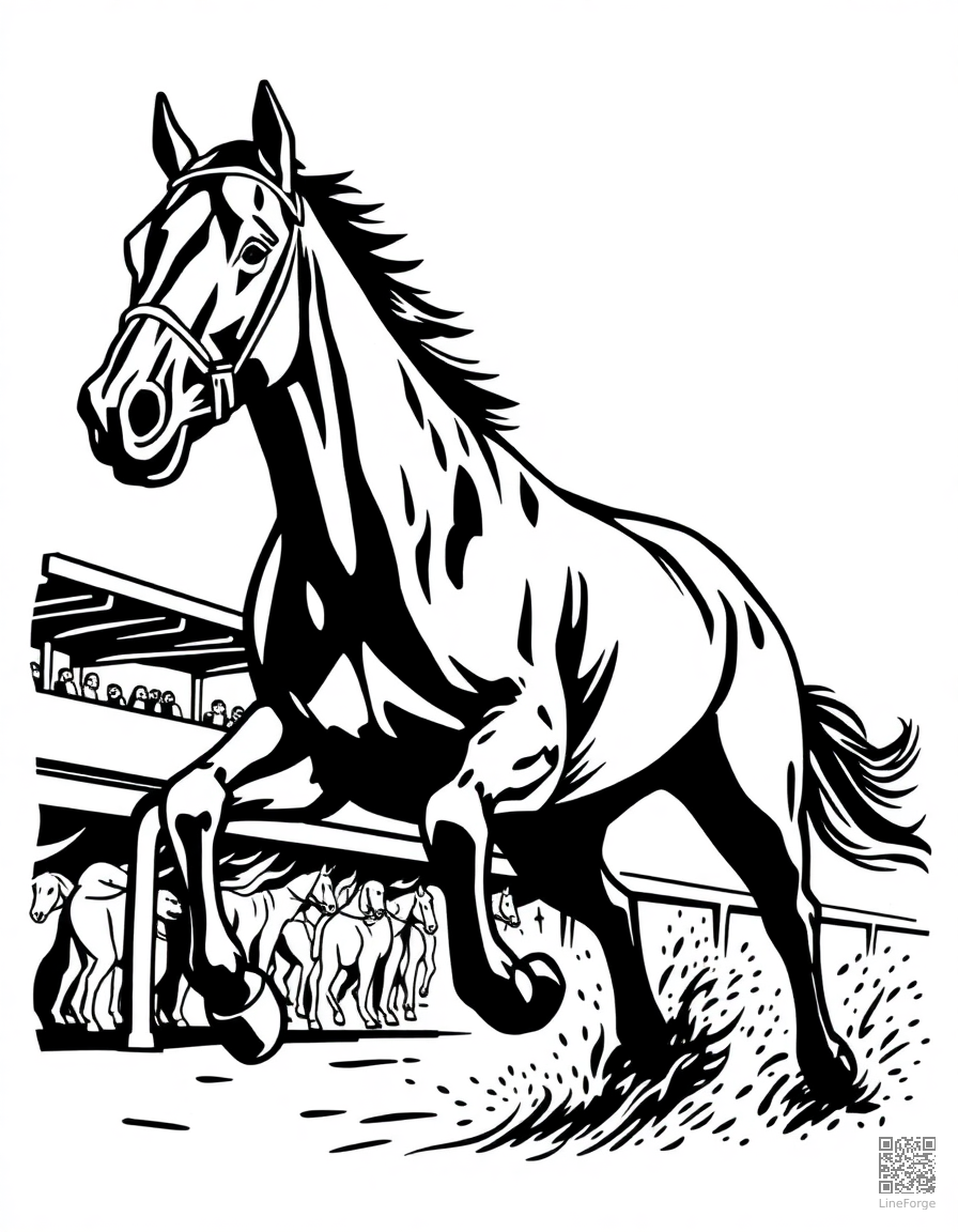 thoroughbred racehorse crossing the finish line coloring page Woodcut style - free printable