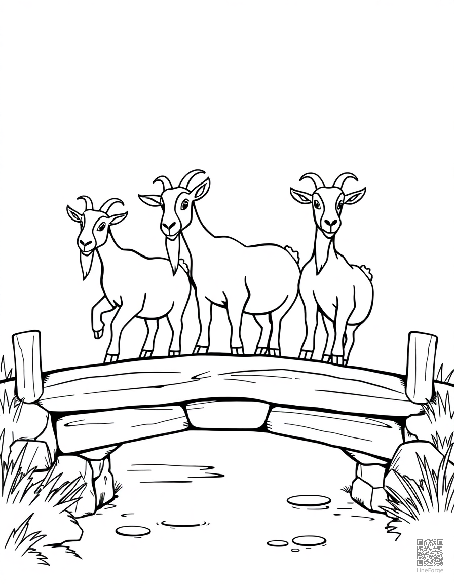 Free three billy goats crossing a bridge coloring page in contour style — printable line art