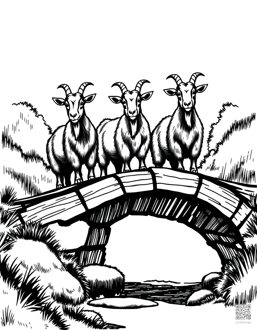 Free three billy goats crossing a bridge coloring page in crosshatch style — printable line art