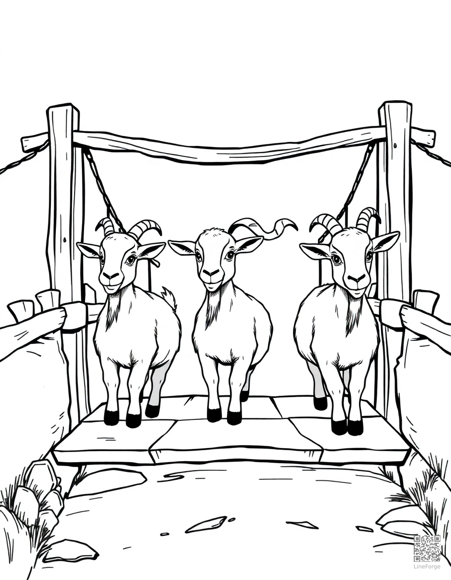 Free three billy goats crossing a bridge coloring page in manga style — printable line art