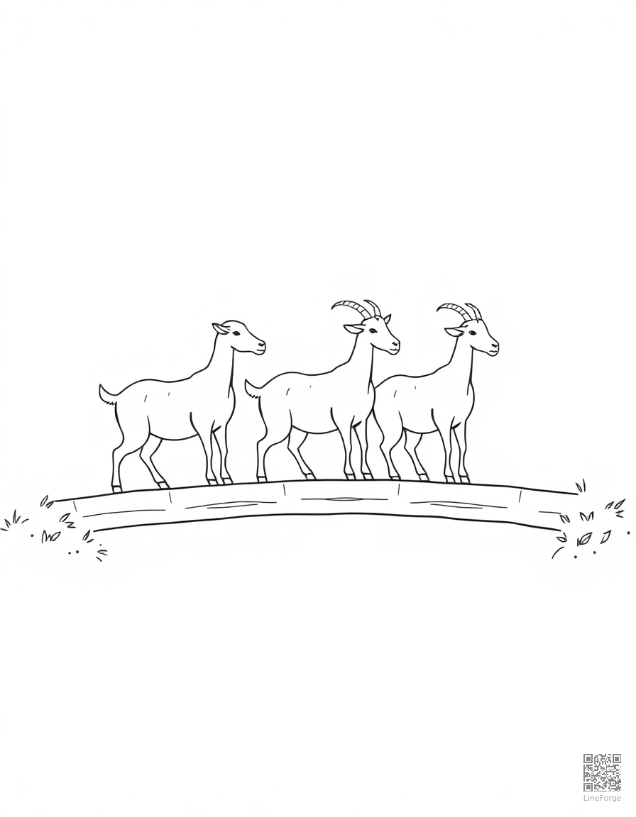 Free three billy goats crossing a bridge coloring page in minimal style — printable line art