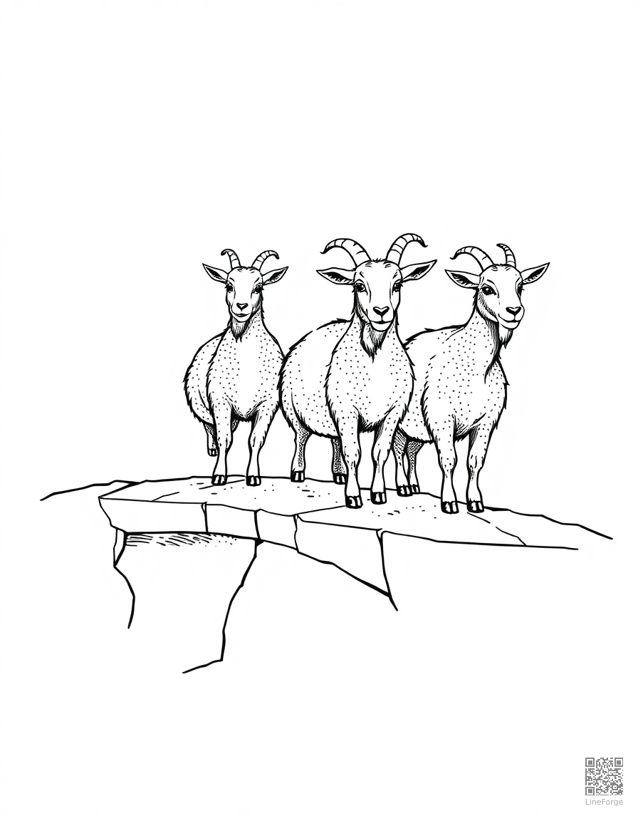 Free three billy goats crossing a bridge coloring page in stipple style — printable line art