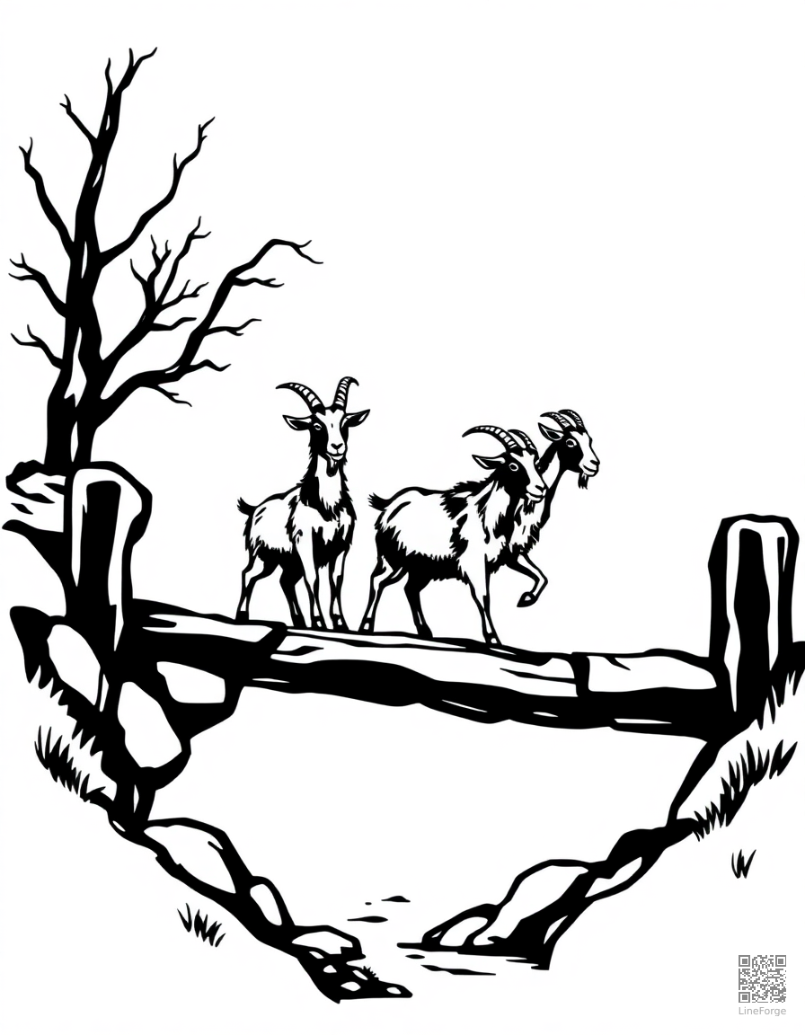 Free three billy goats crossing a bridge coloring page in woodcut style — printable line art