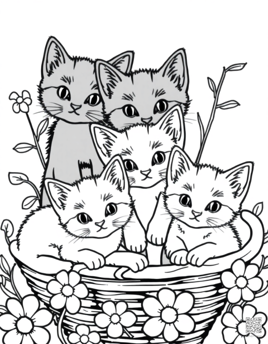 Free three kittens in a basket of flowers coloring page in contour style — printable line art