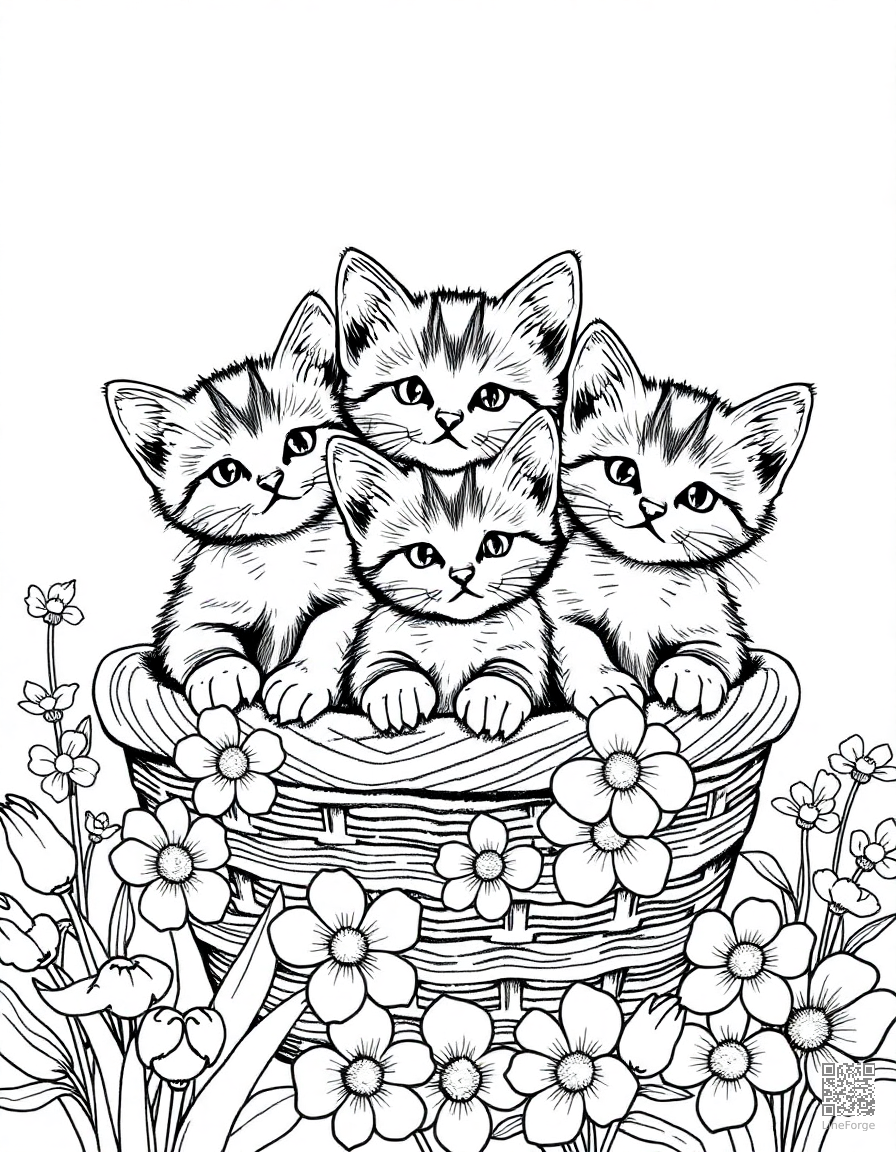 Free three kittens in a basket of flowers coloring page in crosshatch style — printable line art