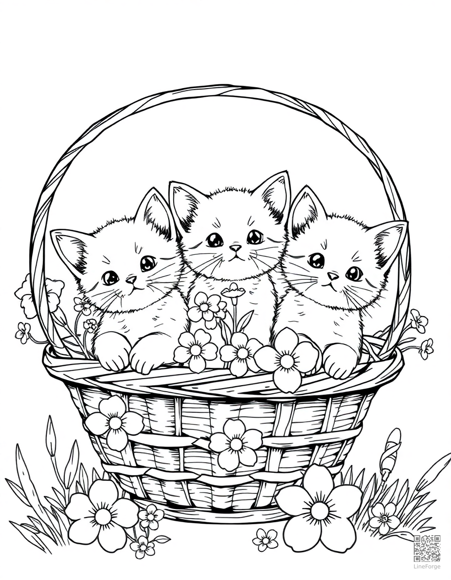 Free three kittens in a basket of flowers coloring page in manga style — printable line art