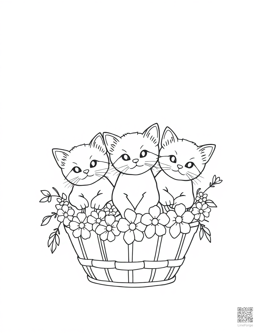 Free three kittens in a basket of flowers coloring page in minimal style — printable line art