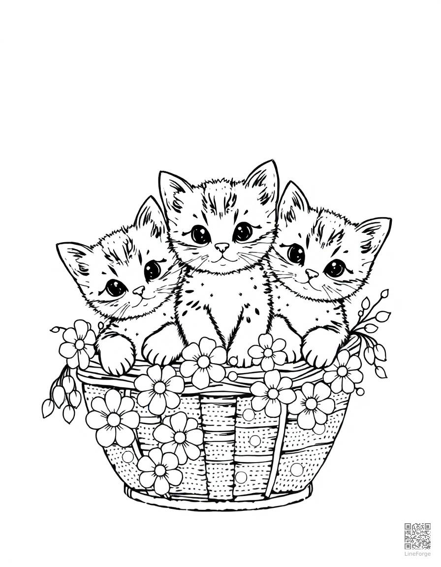 Free three kittens in a basket of flowers coloring page in stipple style — printable line art
