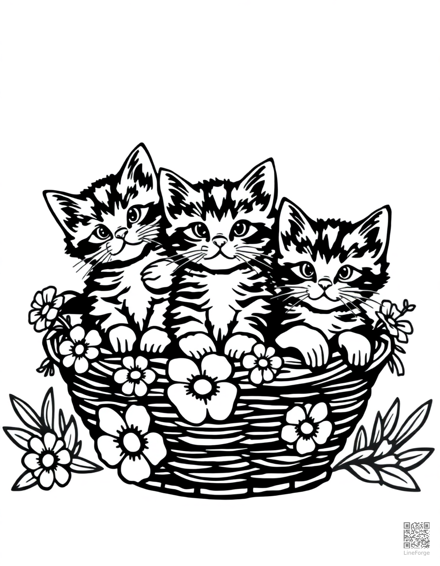 Free three kittens in a basket of flowers coloring page in woodcut style — printable line art