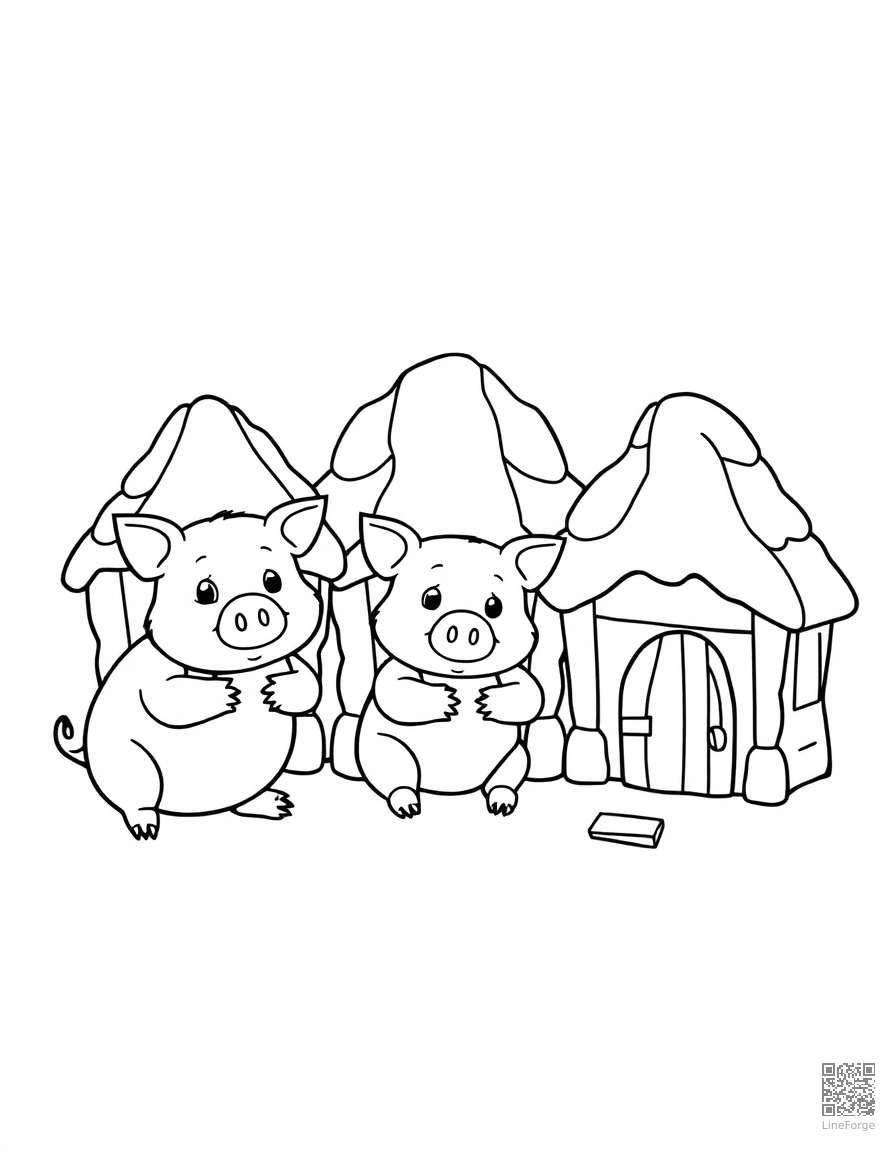 Free three little pigs building their houses coloring page in contour style — printable line art