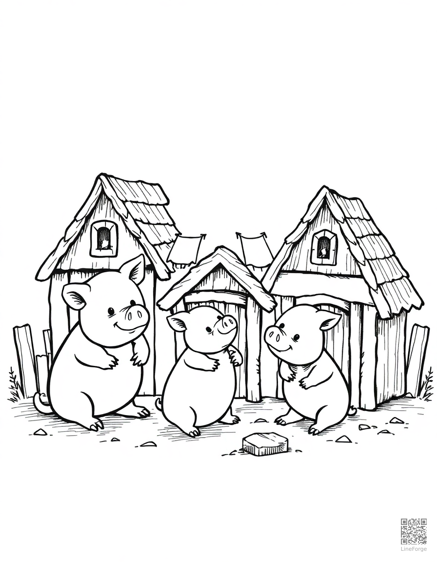 Free three little pigs building their houses coloring page in crosshatch style — printable line art