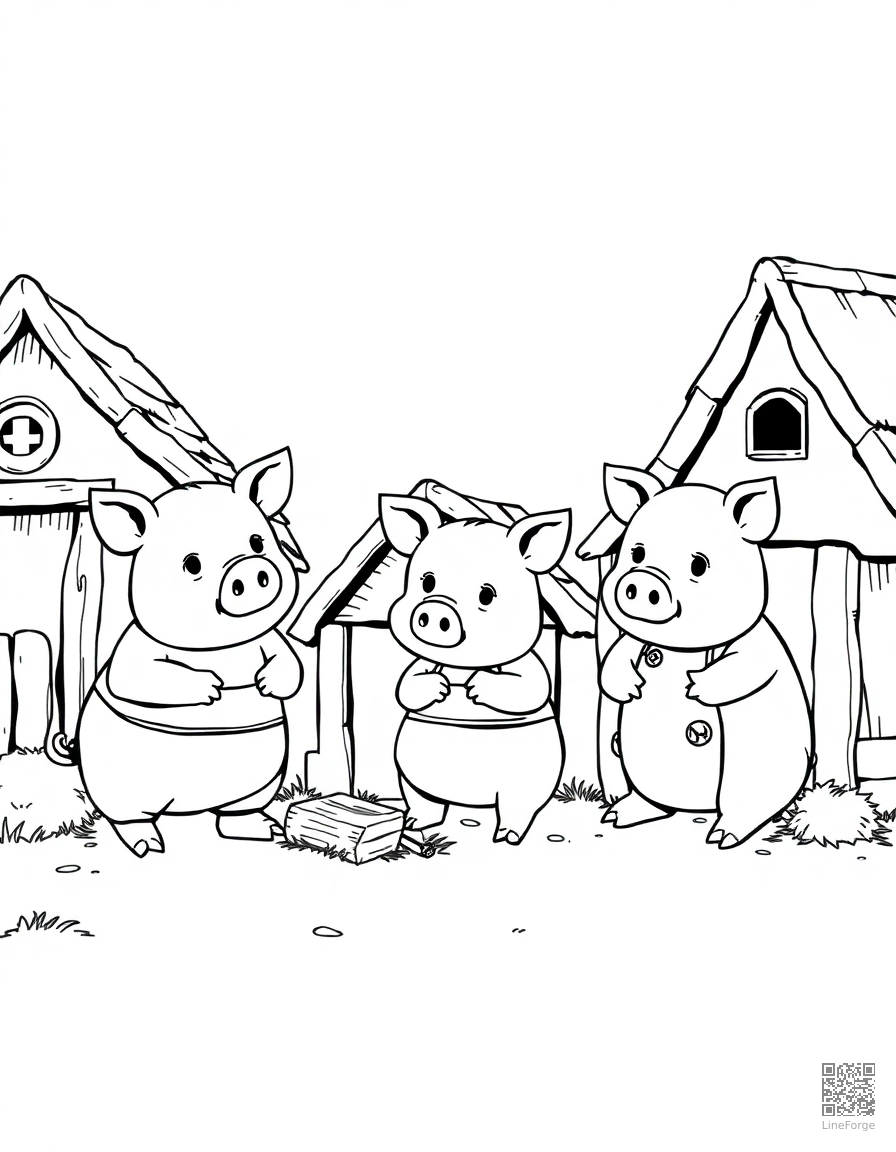 Free three little pigs building their houses coloring page in manga style — printable line art
