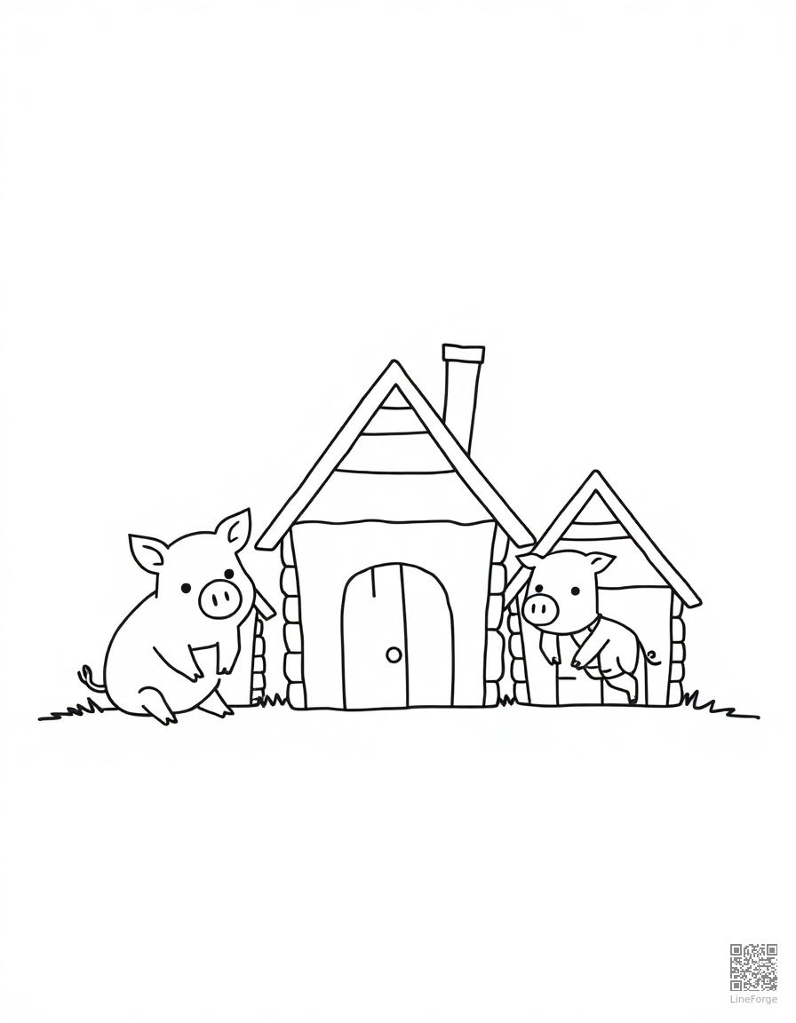 Free three little pigs building their houses coloring page in minimal style — printable line art