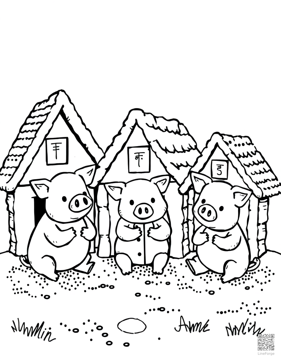three little pigs building their houses coloring page Stipple style free printable