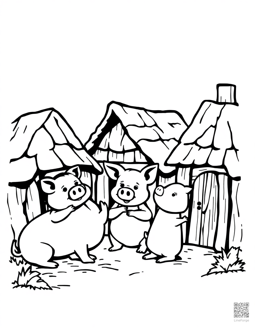 Free three little pigs building their houses coloring page in woodcut style — printable line art