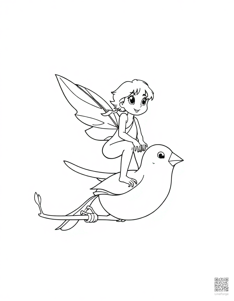 Free thumbelina riding on a sparrow coloring page in contour style — printable line art