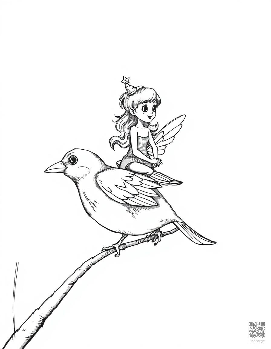 Free thumbelina riding on a sparrow coloring page in crosshatch style — printable line art