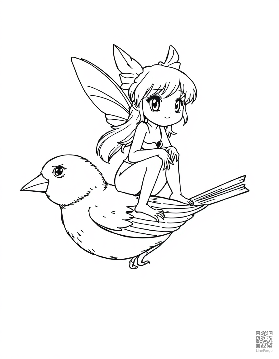 Free thumbelina riding on a sparrow coloring page in manga style — printable line art