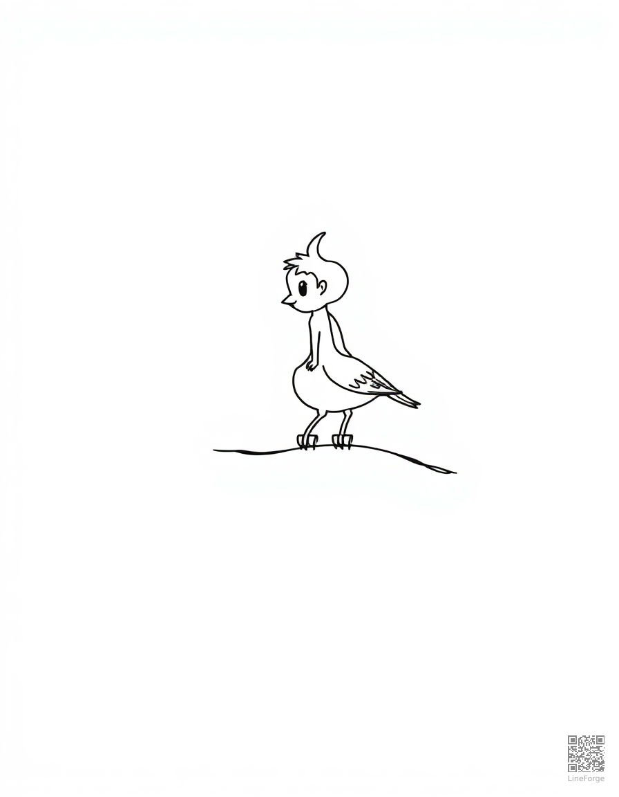 Free thumbelina riding on a sparrow coloring page in minimal style — printable line art