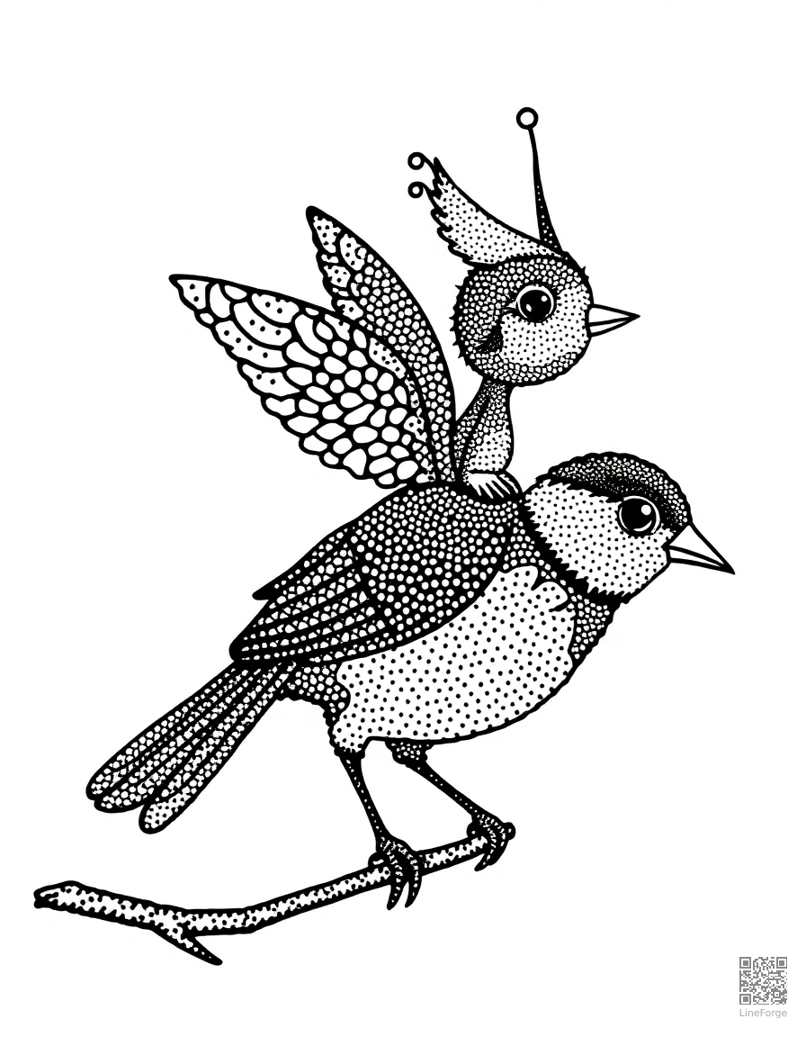 thumbelina riding on a sparrow coloring page Stipple style free printable