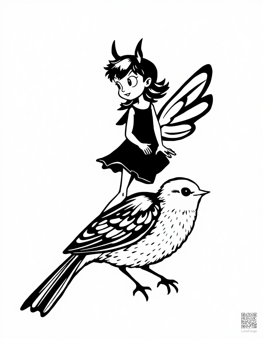 Free thumbelina riding on a sparrow coloring page in woodcut style — printable line art